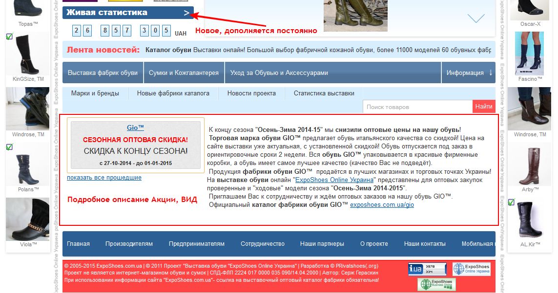 Описание Акции кабинета пользователя exposhoes.com.ua